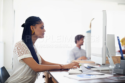 Buy stock photo Journalist, online or girl typing on computer working on email, digital business or research project. Laptop, database or serious biracial woman writing blog reports or internet article with focus 