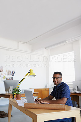 Buy stock photo Architecture, portrait or black man typing on laptop working on engineering project, planning or online research. Digital, designer or African civil engineer with blueprint or floor plan on website
