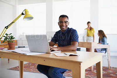 Buy stock photo Journalist, portrait or happy black man with laptop for research on online business or copywriting. Smile, digital agency or worker typing for blog content, reports or internet article on computer