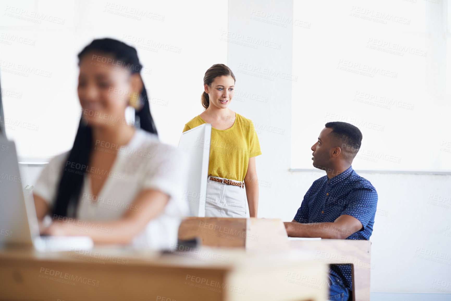 Buy stock photo Computer, black man or woman training a worker in startup or research project in digital agency. Leadership, laptop or manager helping, coaching or speaking of SEO data or online branding to employee