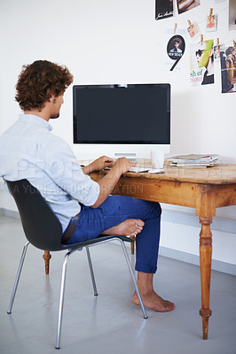 Buy stock photo Business man, working and blank computer screen in home office for productivity and online research on creative project. Journalist, writing or editing on keyboard or remote work for digital magazine