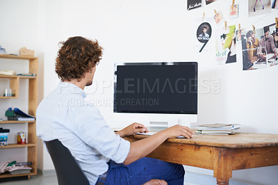 Buy stock photo Business man, monitor and computer screen for mockup in home office for productivity and research on creative project. Journalist, writing or editing on keyboard or remote work for online magazine