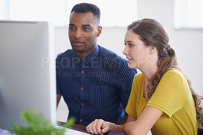 Buy stock photo Computer, people or black man coaching a worker in startup or research project in digital agency. Leadership, laptop or manager helping, training or speaking of SEO data or online branding to woman