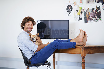 Buy stock photo Happy man, computer screen or portrait with dog for work or technology mock up for online publisher in agency. Young guy, face or desktop for company with pet or feet on table to relax with chihuahua