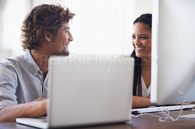 Buy stock photo Funny, computer or happy people chat on break talking, chatting or speaking of gossip news together. Laptop, laughing or relaxed employees in conversation or discussion about a blog article at desk