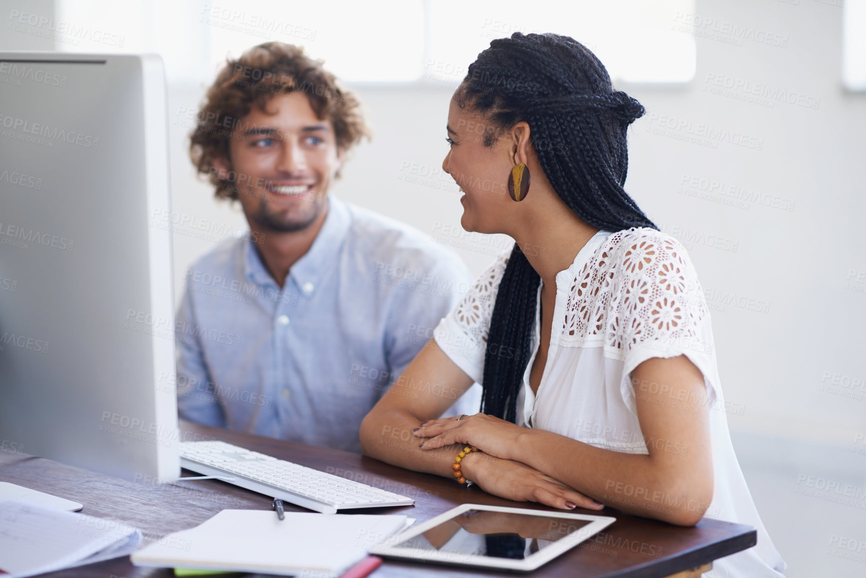 Buy stock photo Happy woman, joke or people in office talking or speaking of a crazy story, gossip or news on break. Funny, chat or employees laughing in conversation or discussion about online blog on internet 