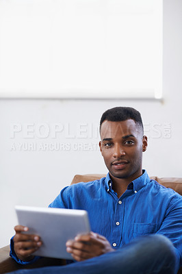 Buy stock photo Man, tablet and portrait for social media at home, online and internet for website or blog. Black male person, movies and streaming entertainment on couch, ecommerce and app for shopping on weekend