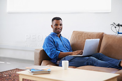 Buy stock photo Man, laptop and internet for remote work in portrait, freelancer and copywriting at home. Black male person, online and plan on tech or connection for website, information and research for article