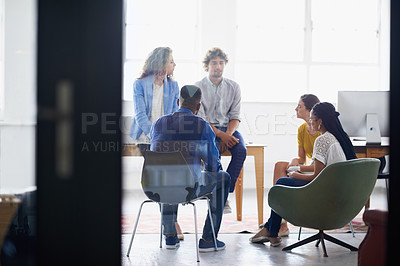 Buy stock photo Collaboration, meeting and business people in office for planning, project and brainstorming ideas. Professional workers, creative agency and men and women for teamwork, discussion and consulting