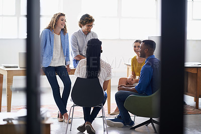 Buy stock photo Collaboration, meeting and business people in office for discussion, project and brainstorming ideas. Professional diversity, creative agency and men and women for teamwork, planning and consulting