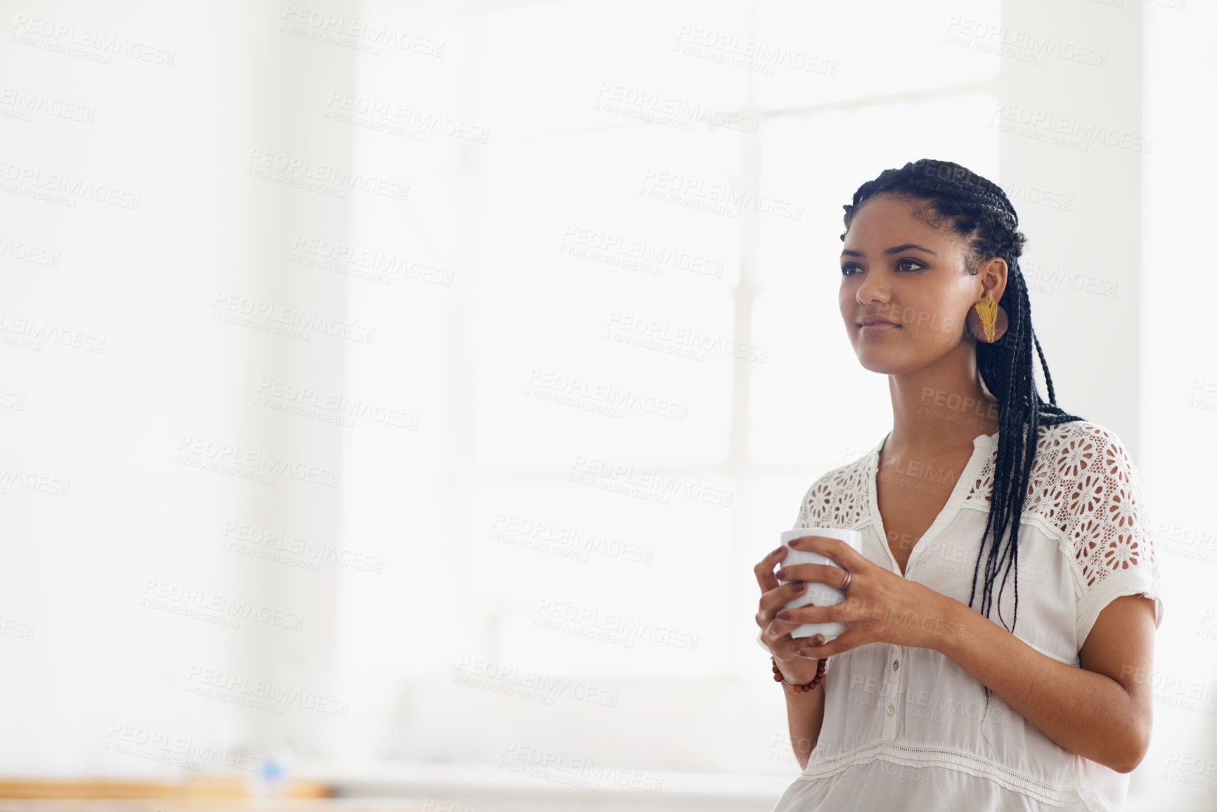 Buy stock photo Business woman, coffee and thinking in office, planning and designer with hot beverage for pondering. Black female person, mockup space and drinking tea in workplace, idea and latte for contemplating