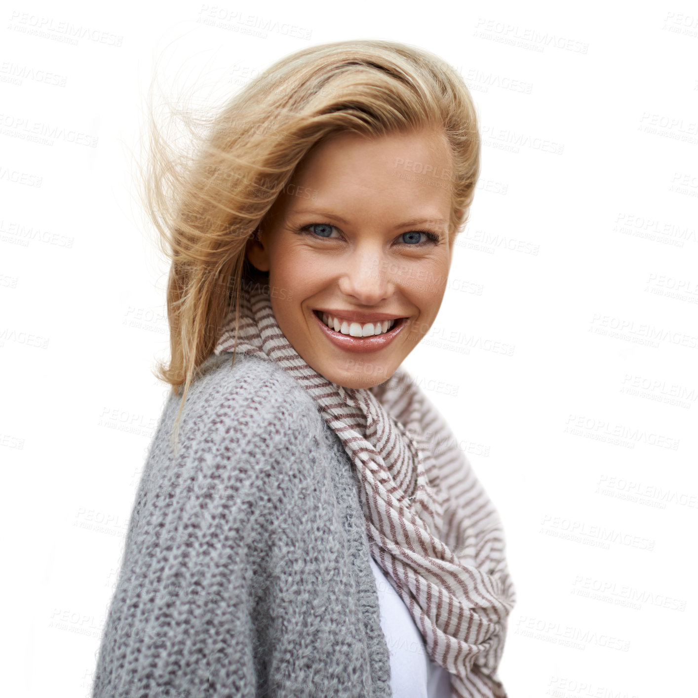 Buy stock photo Autumn, fashion and portrait of happy woman in studio, white background or mock up space. Casual, style and girl with a smile and positive attitude in cardigan, jersey and scarf to relax in Amsterdam