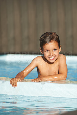 Buy stock photo Portrait, little boy and happiness in swimming pool, resort and lodge for recreation, summertime and relaxation. Male child, youth and poolside at vacation, holiday and cheerful outdoors in Florida