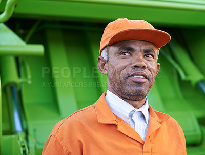 Buy stock photo Garbage, worker and dump truck for collection, thinking and  protective uniform for pick up. Sanitation, employee or planning idea for waste management, municipal cleaning and environmental service