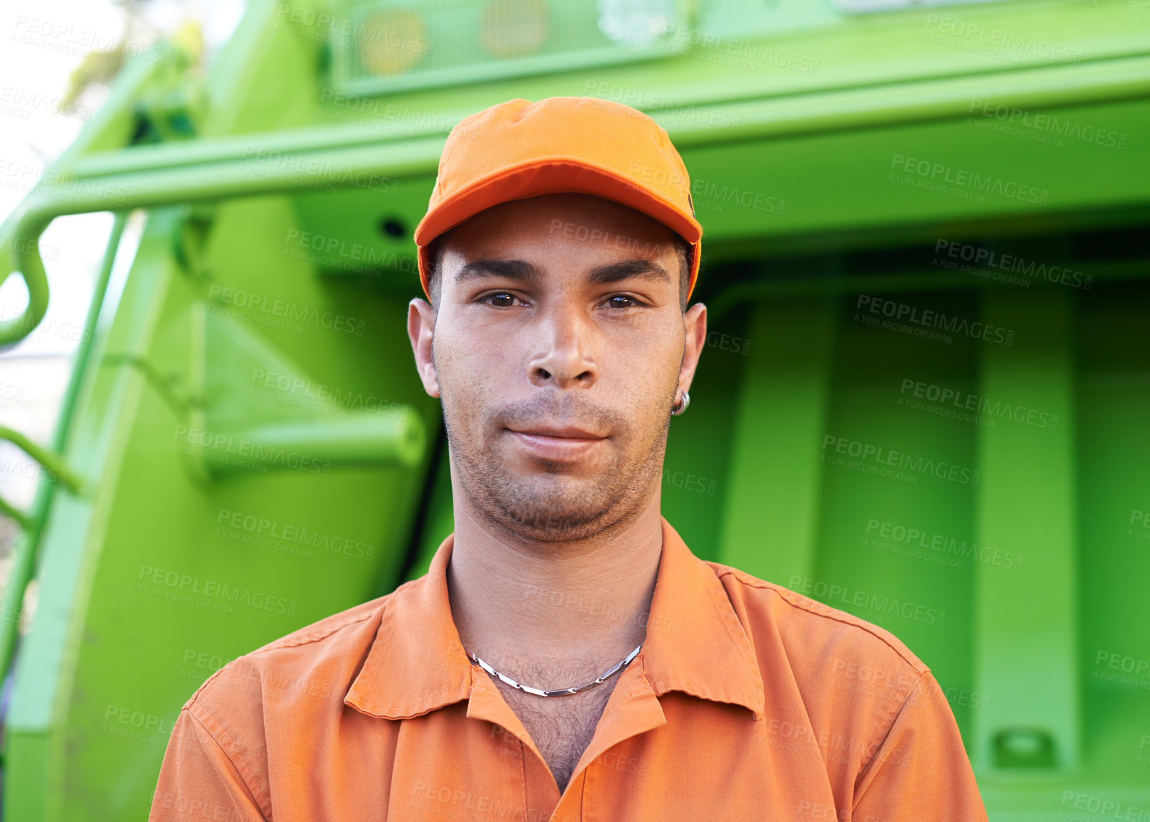 Buy stock photo Municipal, worker and garbage truck portrait, waste management for green energy in protective uniform. Sanitation, employee and environmental service for cleaning city and recycling in trash vehicle