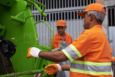 Buy stock photo City, trash and people with garbage truck working in waste management and maintenance service. Urban, cleaning and men outdoor with industrial sanitation, collection of rubbish and infrastructure