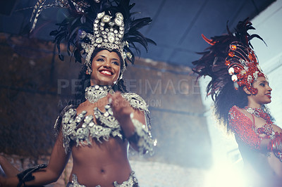 Buy stock photo Smile, carnival or happy woman in costume for event, music culture or night celebration in Brazil. Outdoor, performance or girl dancers with samba at festival party, parade or show in Rio de Janeiro