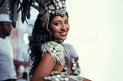 Buy stock photo Samba, festival or happy woman in costume or portrait for celebration, music culture or band in Brazil. Event, night or proud girl dancer with smile at carnival, parade or fun show in Rio de Janeiro