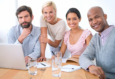 Buy stock photo Portrait, smile and laptop with business people in office for meeting, planning or collaboration. Diversity, teamwork or partnership with man and woman employee group together at table in workplace