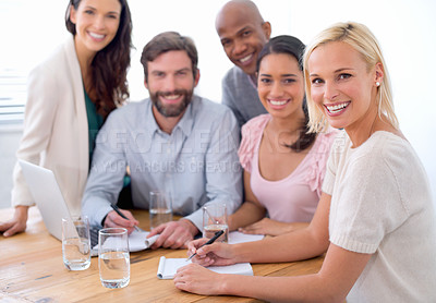 Buy stock photo Teamwork, happy and portrait of business people in office for company finance budget project. Smile, meeting and group of financial advisors working in collaboration for discussion in workplace.