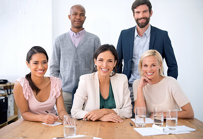 Buy stock photo Meeting, happy and portrait of business people in office for company finance budget project. Smile, teamwork and group of financial advisors working in collaboration for discussion in workplace.