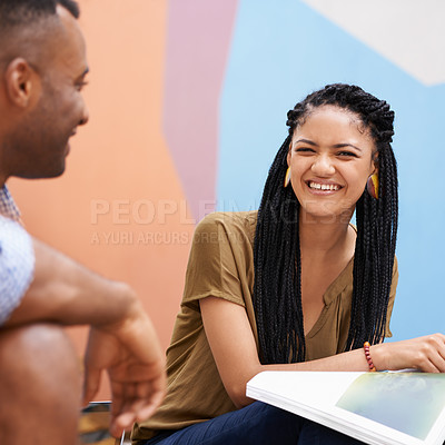 Buy stock photo Students, man and happy woman with book study, laughing and sitting on campus. University people, teamwork and collaboration for knowledge in education learning together, smile and excited in college