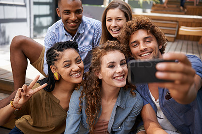 Buy stock photo Smile, face and group of friends for selfie at university campus for profile picture update or social media post. Men, women and happy students with technology for memory, diversity and college fun
