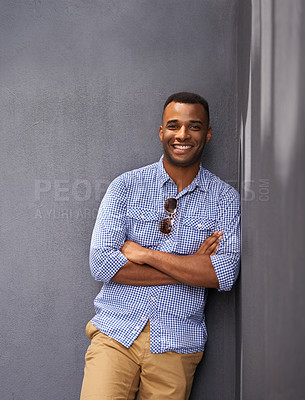 Buy stock photo Man, smile and cool fashion in portrait by wall background, style and gen z outfit in outdoors. Happy black male person, university student and pride for aesthetic, confident and trendy clothes