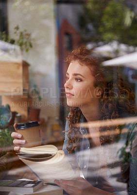 Buy stock photo Woman, coffee and thinking by window in restaurant with book for creative idea, reading inspiration or knowledge. Student, person and thoughtful with beverage in cafe for research motivation or study