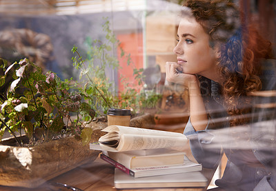 Buy stock photo Woman, books and thinking by window in cafe for creative idea, reading inspiration and learning for knowledge. Student, person and thoughtful with beverage in diner for research motivation and study