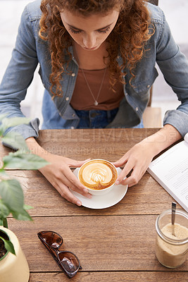 Buy stock photo Top view, woman and coffee in cafe for relax, breakfast and leisure break with sugar, sunglasses and notebook. Above, person and cappuccino with art, pattern or foam in restaurant or diner in morning