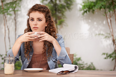 Buy stock photo Woman, thinking and coffee at cafe outdoor with idea and book for day dream and stare. Young female person, bistro and vision with cappuccino, journalist and contemplate at breakfast or lunch 