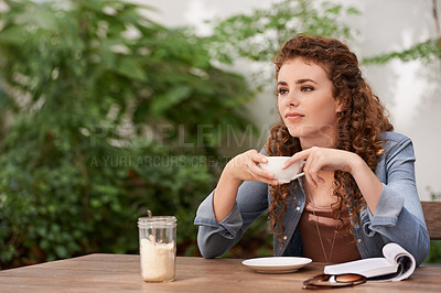 Buy stock photo Woman, thinking and book at outdoor cafe, idea and relax  with tea and entrepreneur. Female person, bistro and restaurant with cappuccino, journalist and contemplation at breakfast or lunch  