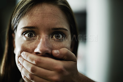 Buy stock photo Woman, portrait and hand for hostage or scared victim for danger crime or terror anxiety, terrified or stalking. Female person, mouth and fingers of criminal in America or panic, fear or kidnapping