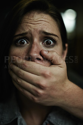 Buy stock photo Woman, portrait and hand for kidnapping or scared victim for danger crime or terror anxiety, terrified or stalking. Female person, mouth and fingers of criminal in America or panic, fear or hostage