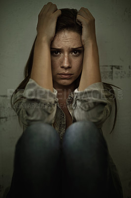 Buy stock photo Portrait, horror and terrified woman in fear, panic or worry as victim of abuse or nightmare. Stress, depression and mental health with scared young person in danger of anxiety, burnout or breakdown