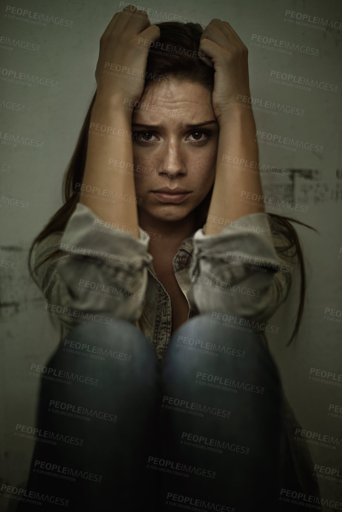 Buy stock photo Portrait, horror and terrified woman in fear, panic or worry as victim of abuse or nightmare. Stress, depression and mental health with scared young person in danger of anxiety, burnout or breakdown