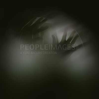 Buy stock photo Ghost, sheet and hand for scary horror or late night in dark with or halloween or paranormal silhouette, black background or creepy. Apparition, shadow and evil or supernatural mockup, escape or fear