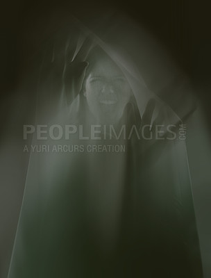 Buy stock photo Horror, shadow and woman with veil, hand and scream in terror and panic for halloween in studio. Scared, trapped and female silhouette with palm, finger and fear for evil nightmare on dark background