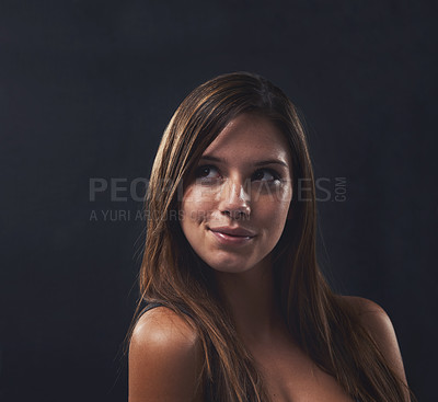 Buy stock photo Woman, haircare and thinking on beauty in studio, idea and keratin treatment on black background. Female person, cosmetic transformation and pride for dermatology, confident and contemplating haircut
