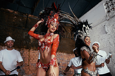 Buy stock photo Performance, samba and women at carnival in costume for celebration, music culture and happy band in Brazil. Dance, party and girl friends together at festival, parade or stage show in Rio de Janeiro