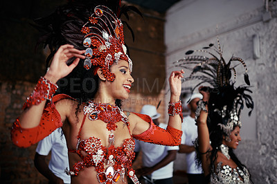 Buy stock photo Smile, dance and women at carnival in costume for celebration, music culture and happy band in Brazil. Samba, party and girl friends together at festival, parade or stage show in Rio de Janeiro.