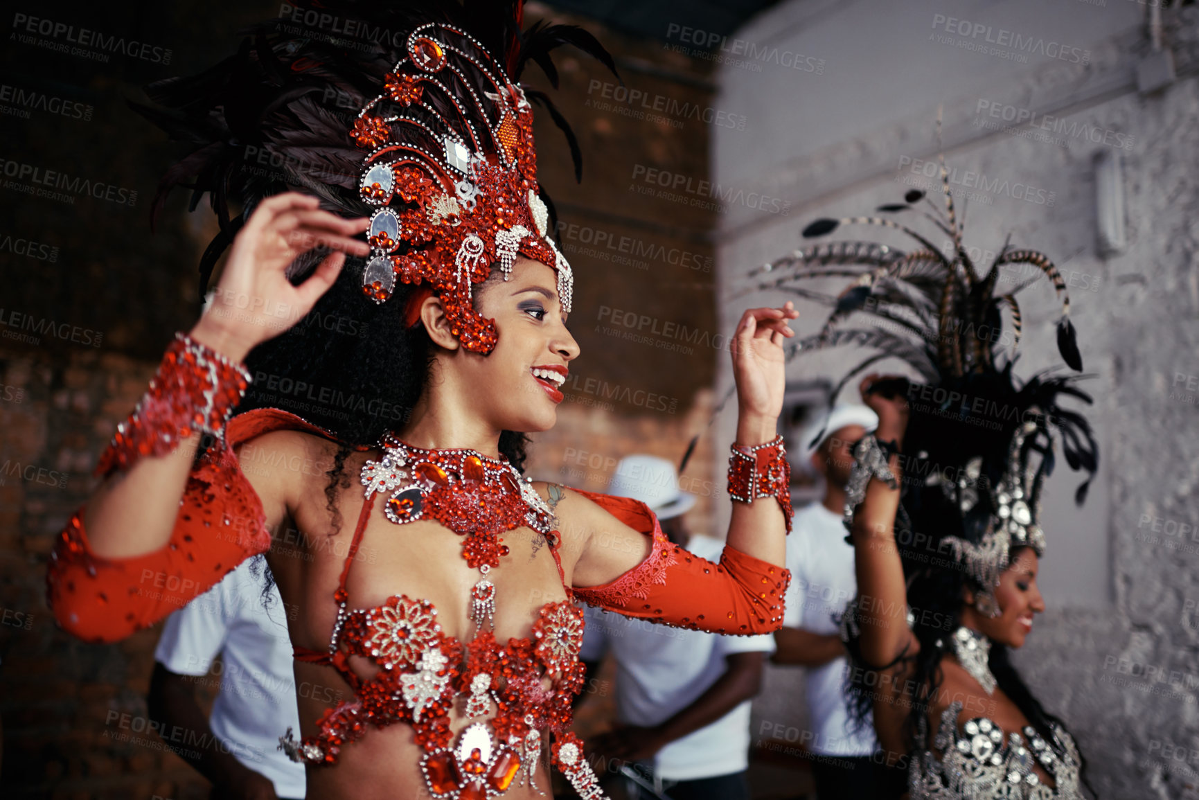 Buy stock photo Smile, dance and women at carnival in costume for celebration, music culture and happy band in Brazil. Samba, party and girl friends together at festival, parade or stage show in Rio de Janeiro.