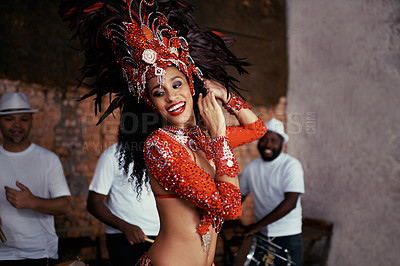 Buy stock photo Dancer, samba and woman at carnival in celebration, music culture and happy band in Brazil. Dance, party and girl in costume with smile at festival, parade or stage performance in Rio de Janeiro.