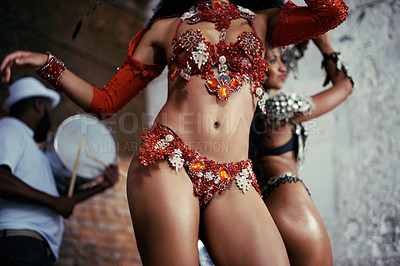 Buy stock photo Samba, carnival or body of woman in costume for celebration, music culture or band in Brazil. Event, night or dancers with fashion at festival party, parade or show for performance in Rio de Janeiro