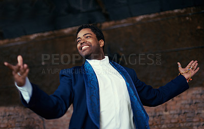 Buy stock photo Man, smiling and entertainment for performance, event, celebration or musical at carnival or street show. African male person and joyful from Amsterdam with suit and shirt for concert or opera choir 