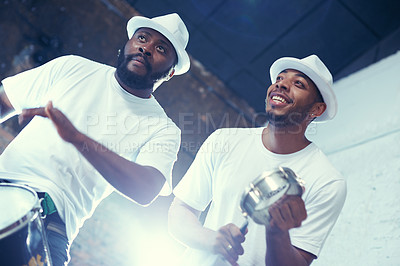 Buy stock photo Night, drum or men in band for festival playing an instrument in carnival in Rio de Janeiro, Brazil. Black people, live show or happy artists banging to create a beat in party or music performance