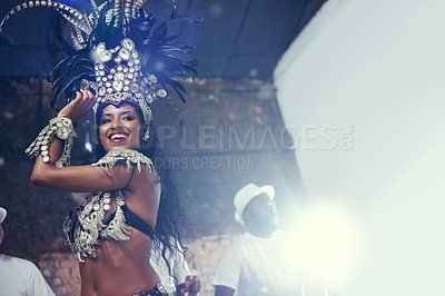 Buy stock photo Festival light, carnival dancer and woman smile with mockup and social celebration in Brazil. Mardi gras, dancing and culture event costume with a young female person with happiness from performance