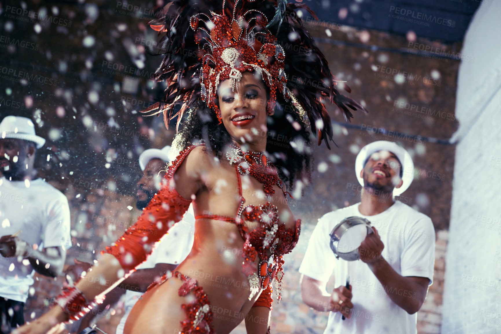 Buy stock photo Band, dancing or happy woman in carnival celebration, music culture or samba in Rio de Janeiro, Brazil. Night, party performance or girl dancer with smile at festival, parade event or fun live show