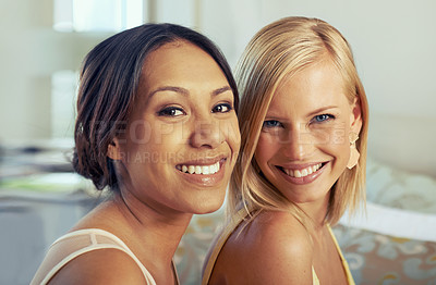 Buy stock photo Friends, happy portrait and fashion in hotel room with care, diversity and elegant clothes to celebrate engagement. Ladies night, women and smile face in bedroom and excited together for classy event